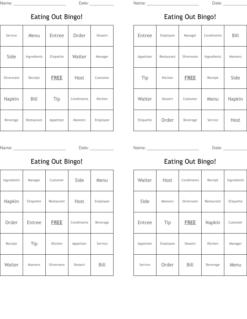 Eating Out Bingo!