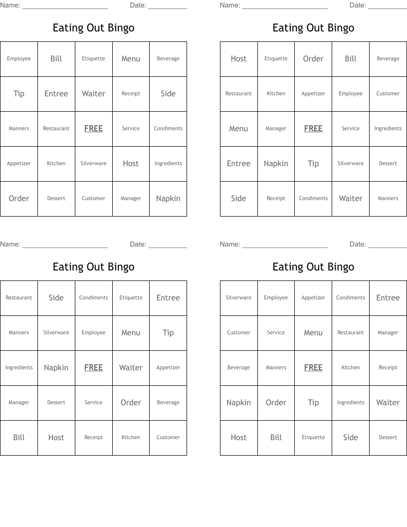 Eating Out Bingo