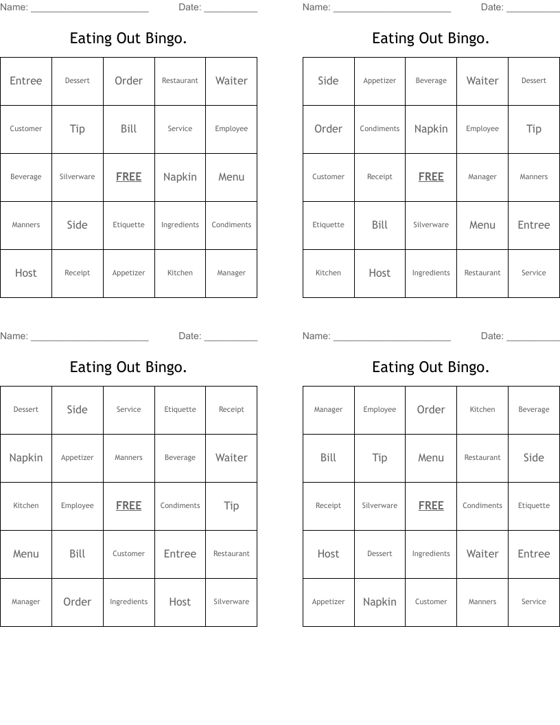 Eating Out Bingo.