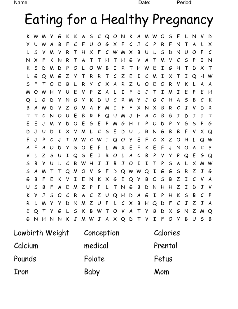 Eating for a Healthy Pregnancy Word Search