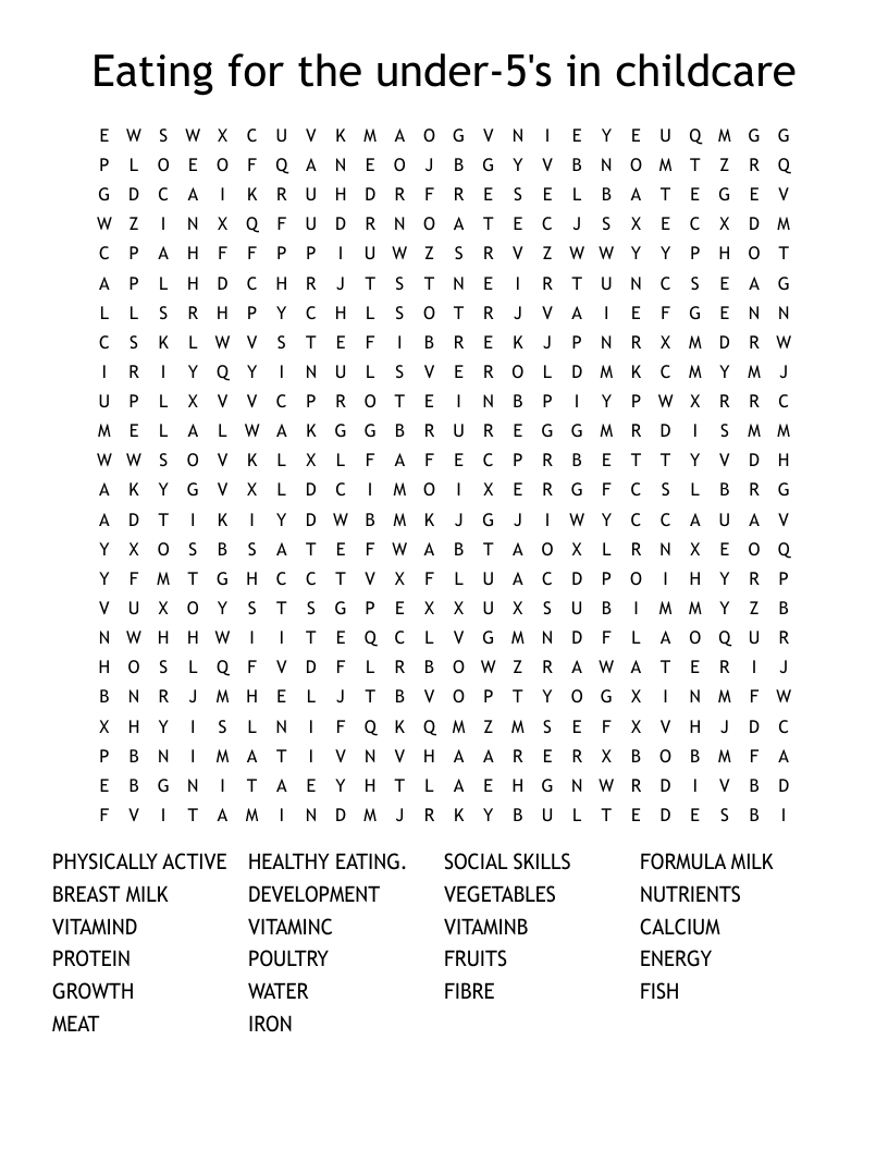 Eating for the under-5's in childcare Word Search