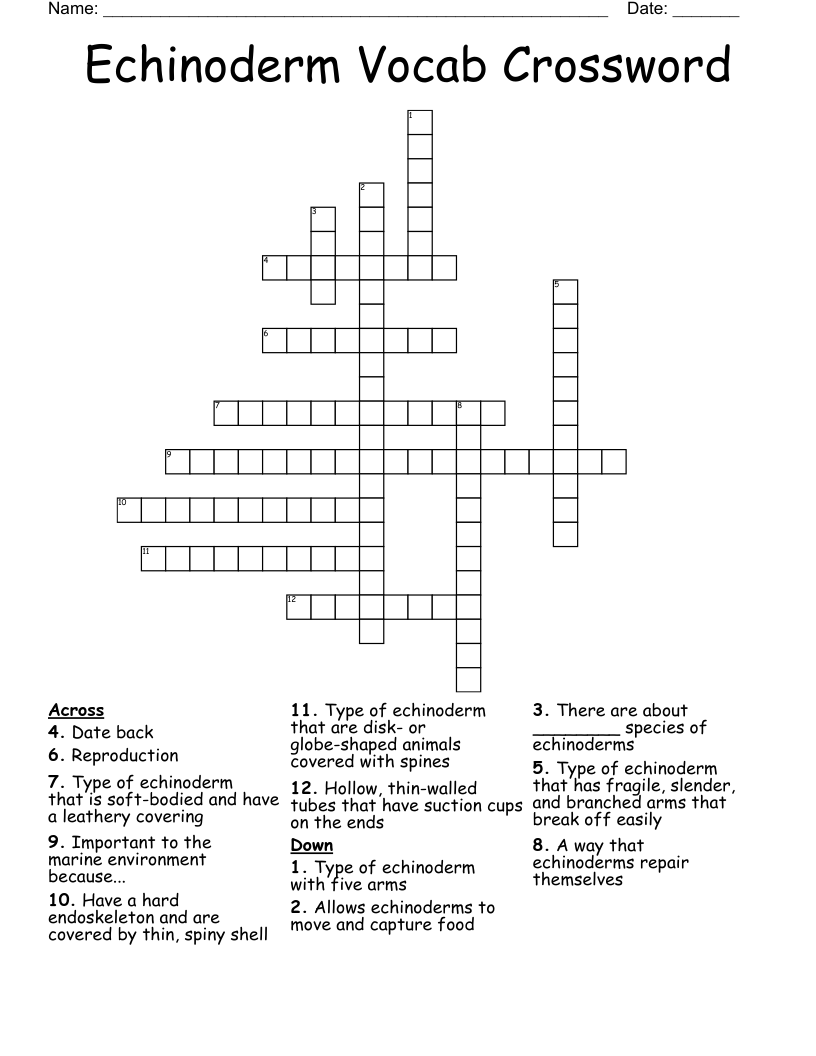 Echinoderm Vocab Crossword