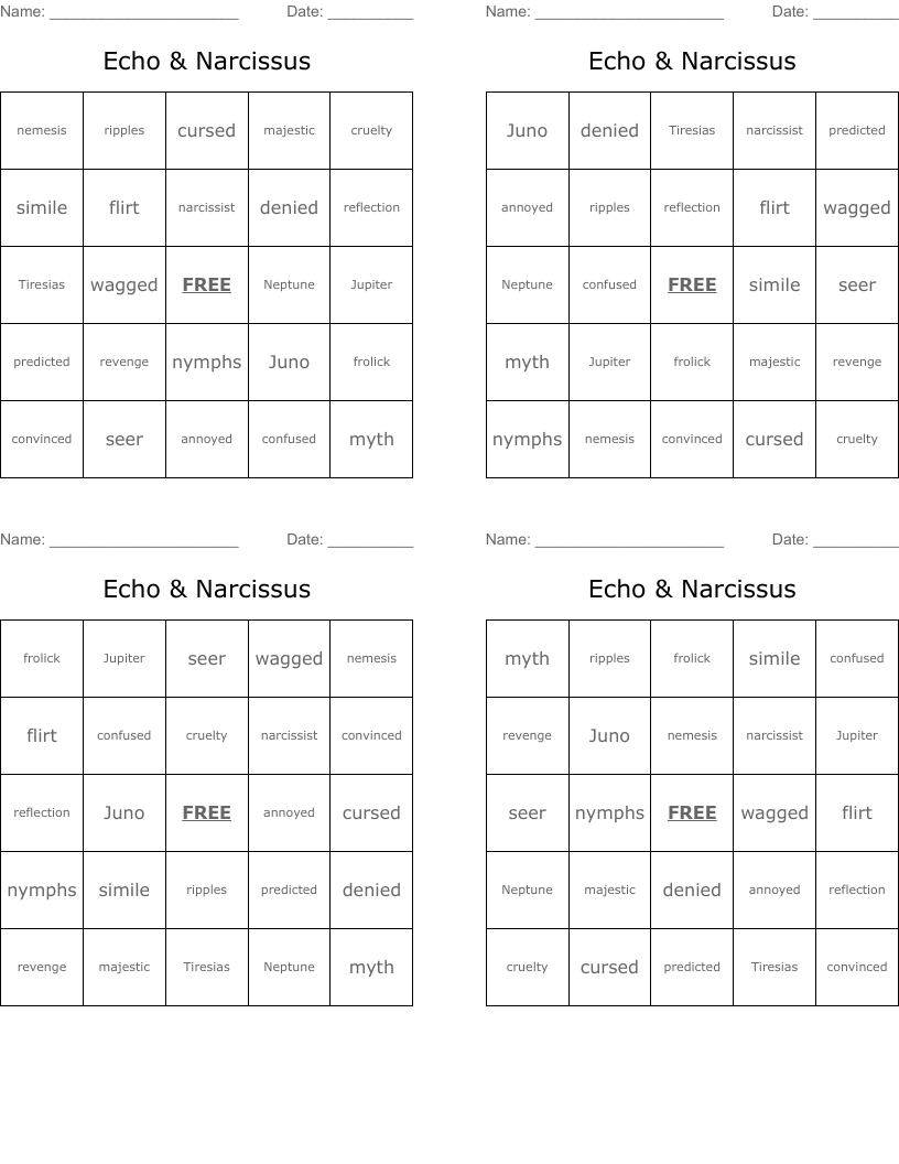 Echo & Narcissus Bingo Cards