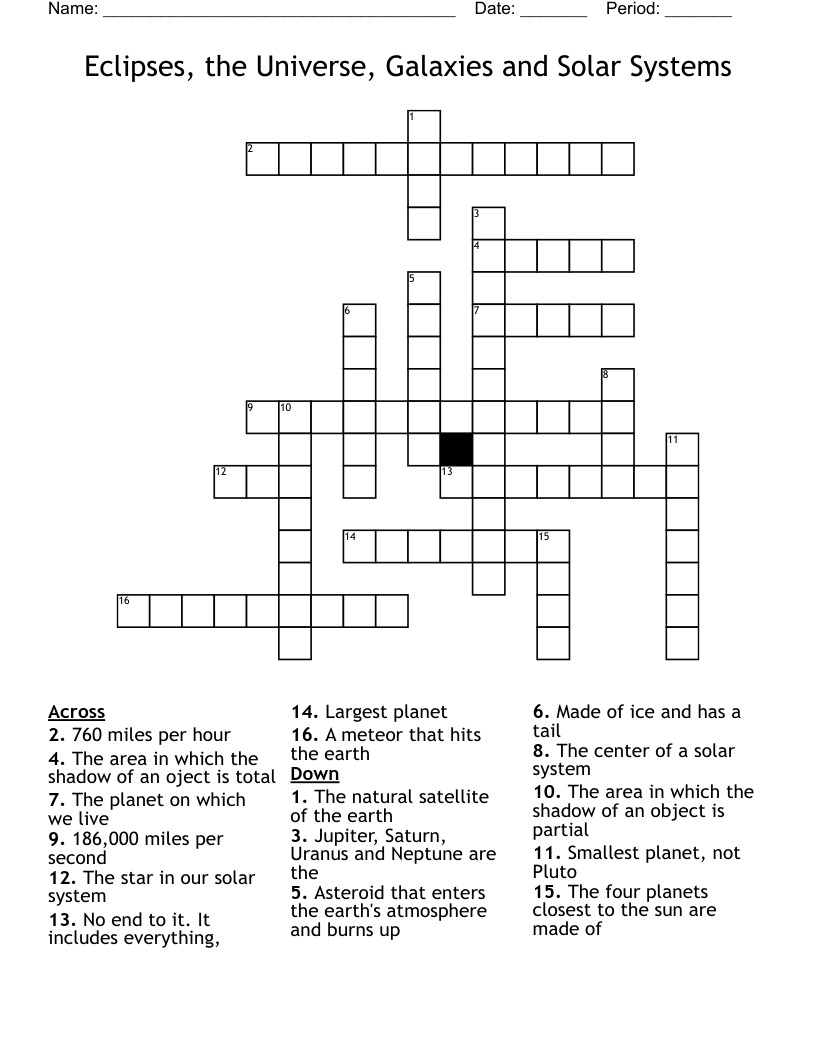 Eclipses, the Universe, Galaxies and Solar Systems Crossword