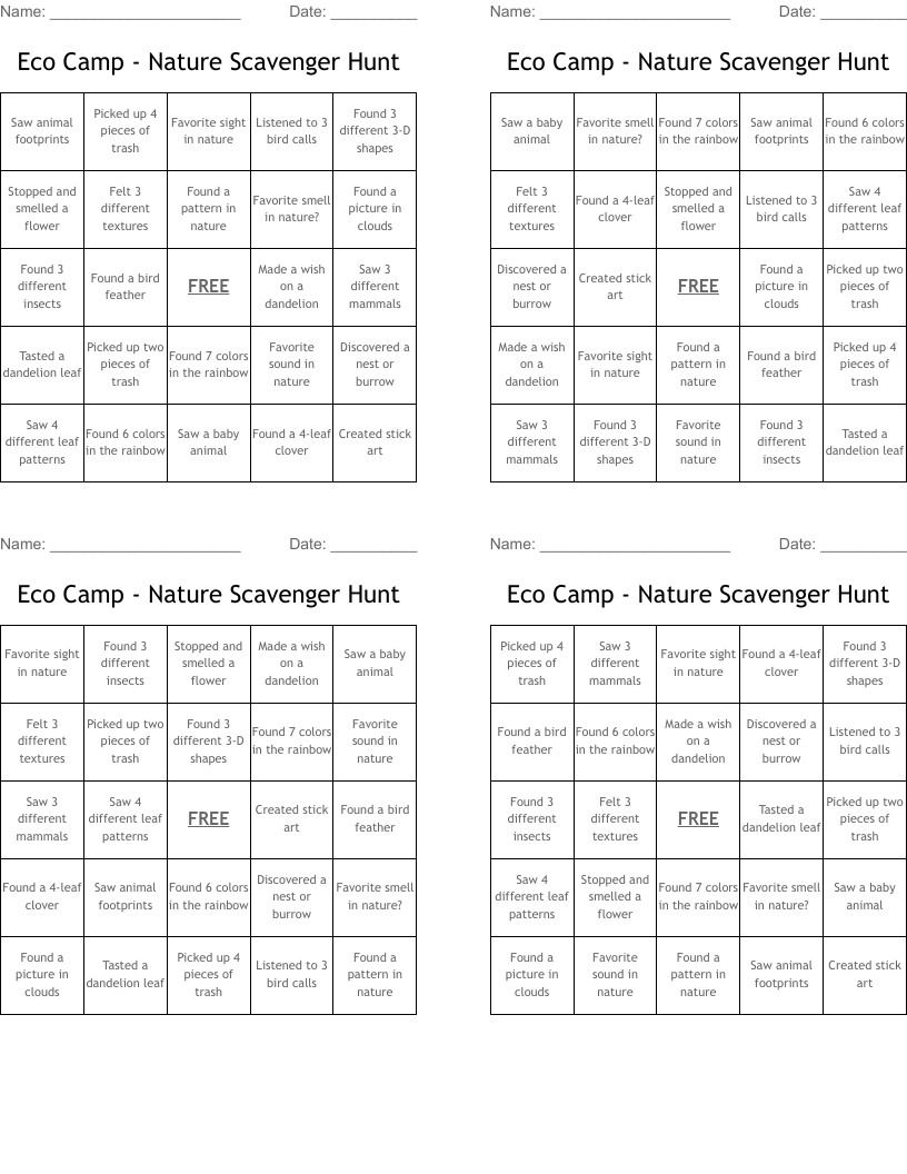 Eco Camp - Nature Scavenger Hunt Bingo Cards