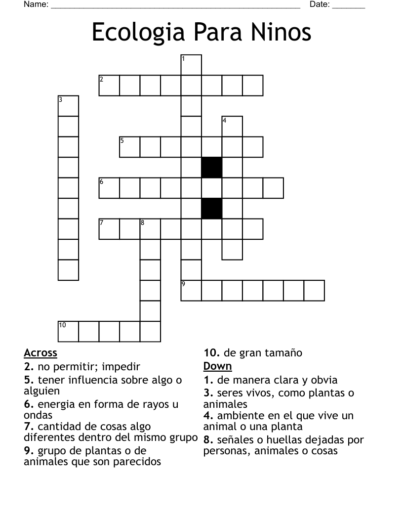 Ecologia Para Ninos Crossword