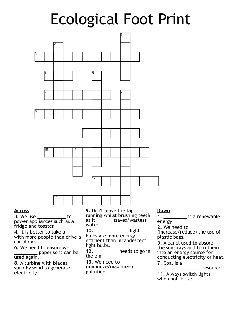 Ecological Foot Print  Crossword