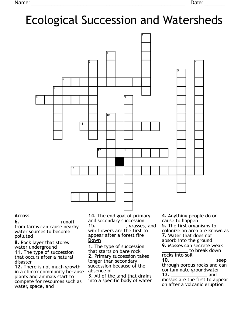 Ecological Succession and Watersheds Crossword