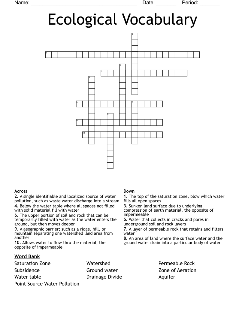 Ecological Vocabulary Crossword