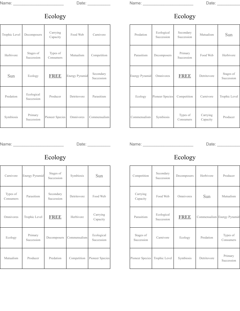 Ecology Bingo Cards