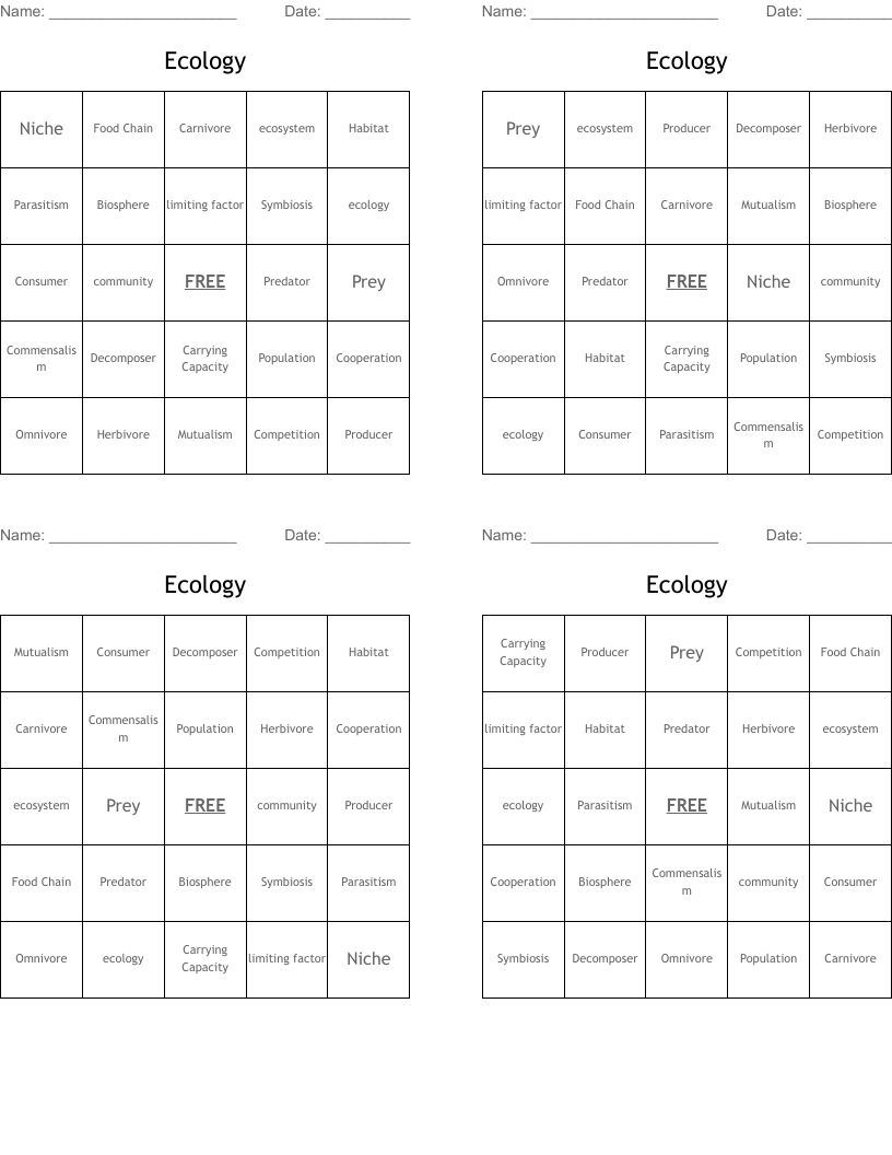 Ecology Bingo Cards