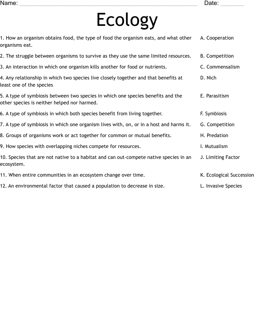 Ecology Worksheet