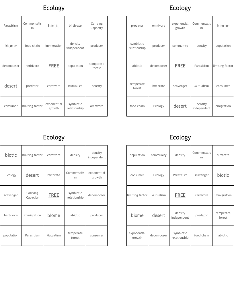 Ecology Bingo Cards
