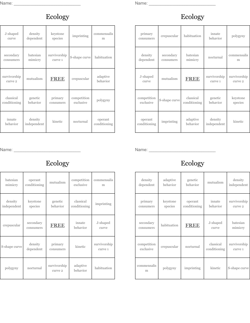 Ecology Bingo Cards