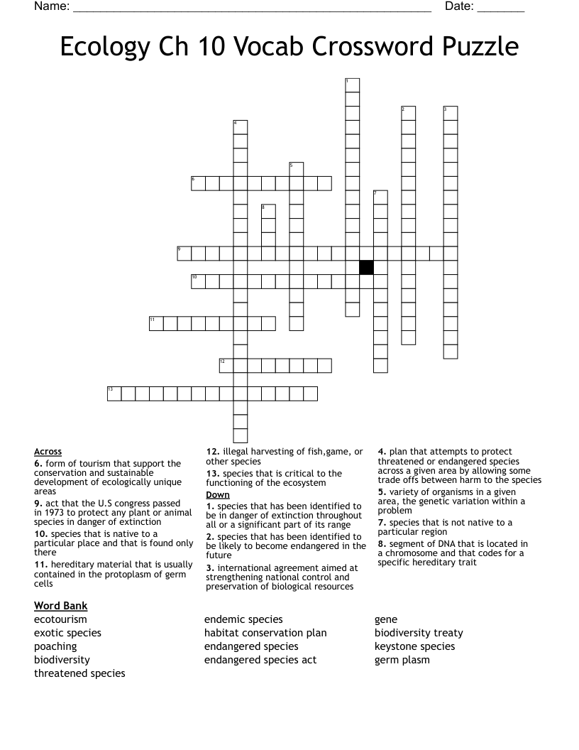 Ecology Ch 10 Vocab Crossword Puzzle