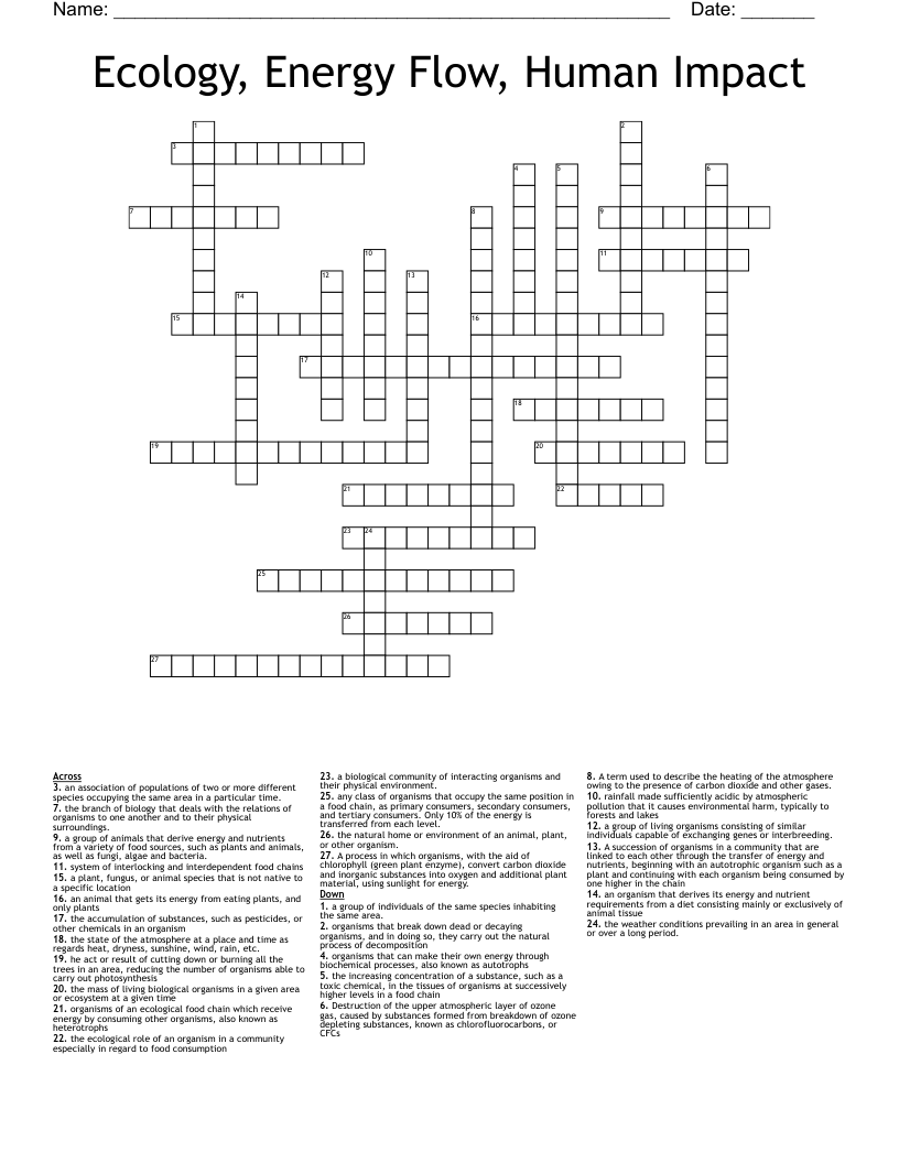 Ecology, Energy Flow, Human Impact Crossword