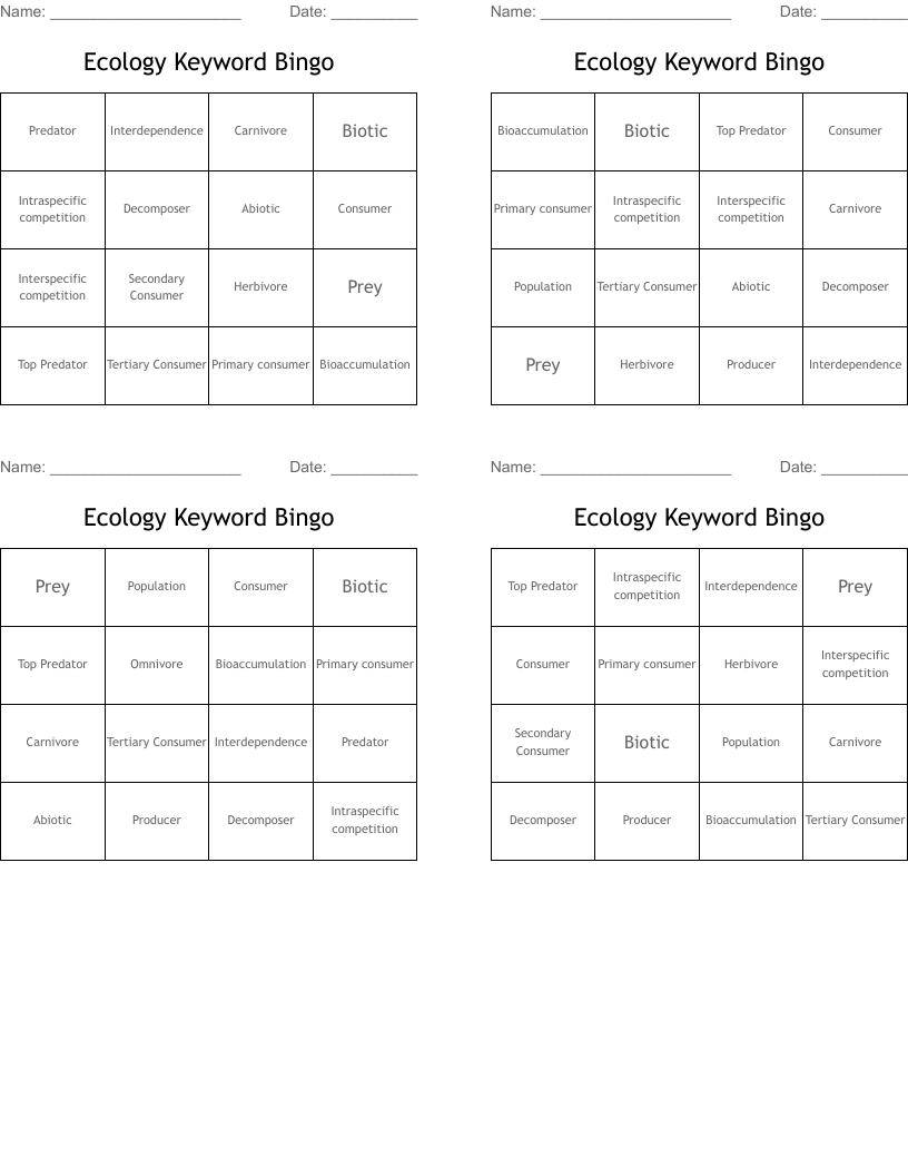 Ecology Keyword Bingo