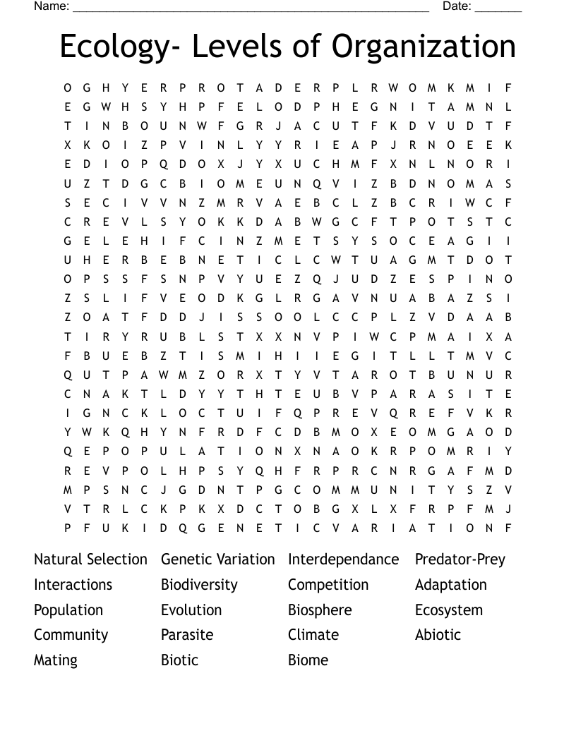 Ecology- Levels of Organization Word Search