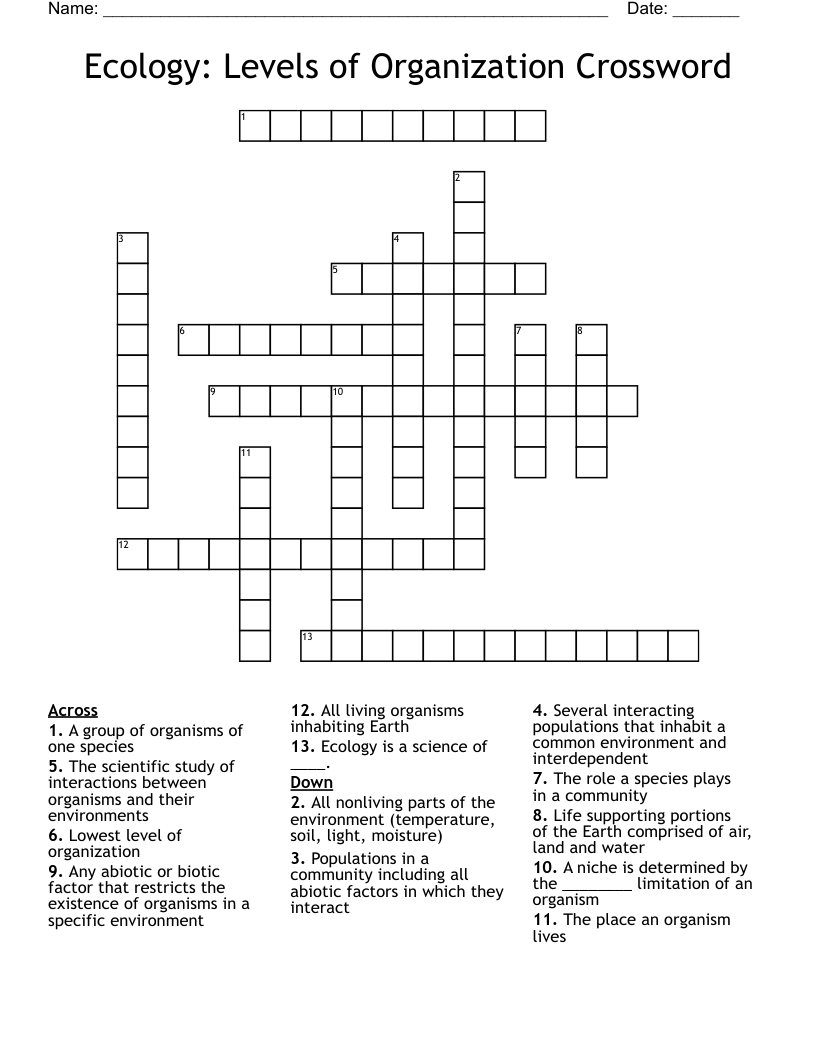 Ecology: Levels of Organization Crossword