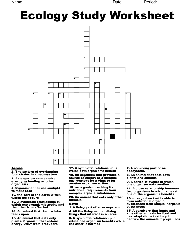 Ecology Study Worksheet Crossword