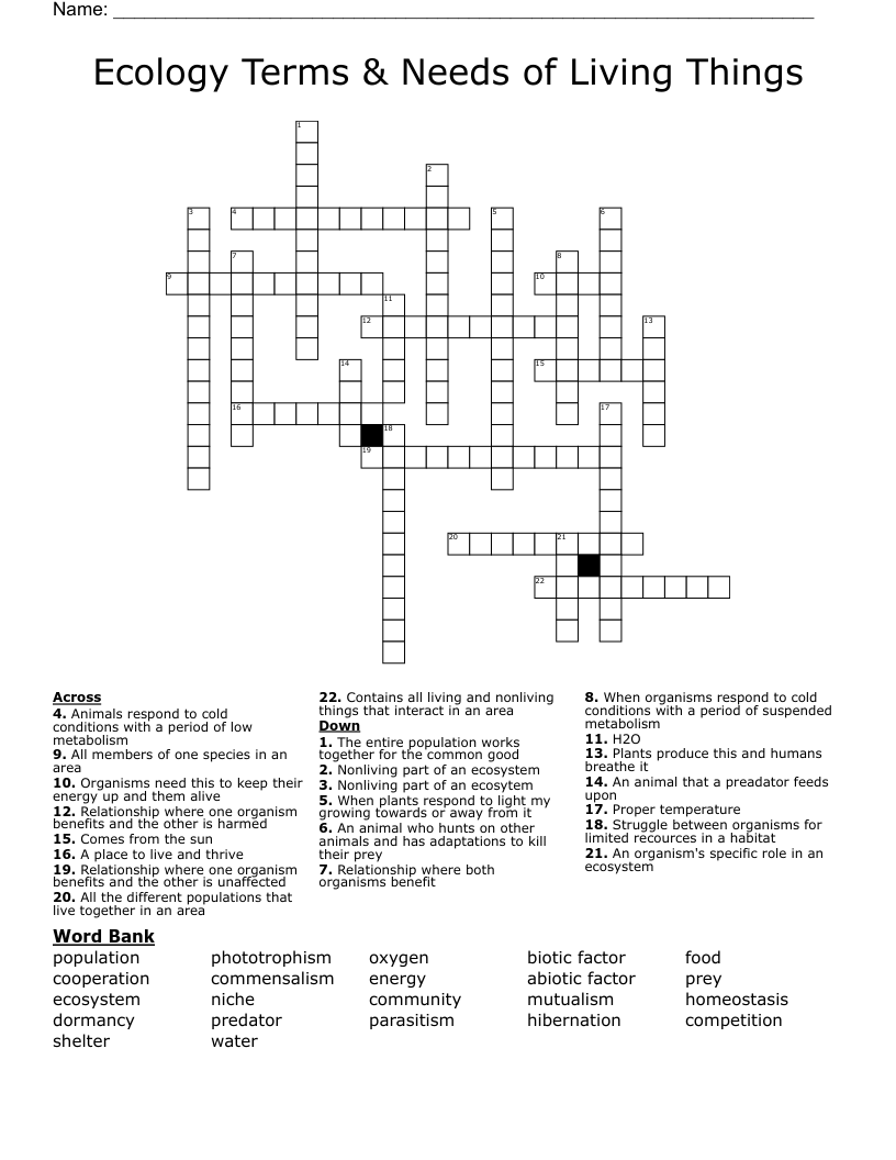 Ecology Terms & Needs of Living Things Crossword