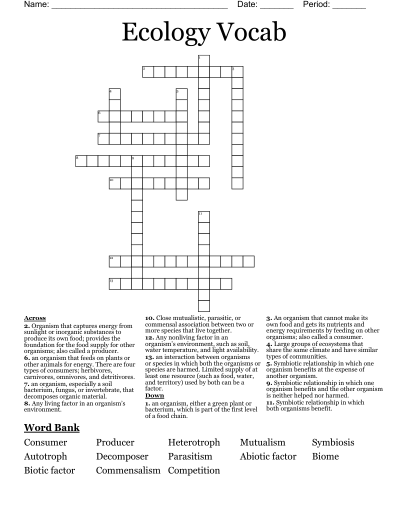 Ecology Vocab Crossword
