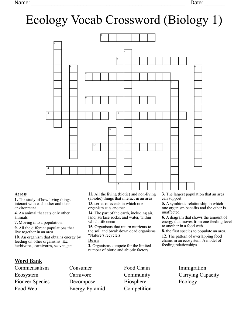 Ecology Vocab Crossword (Biology 1)