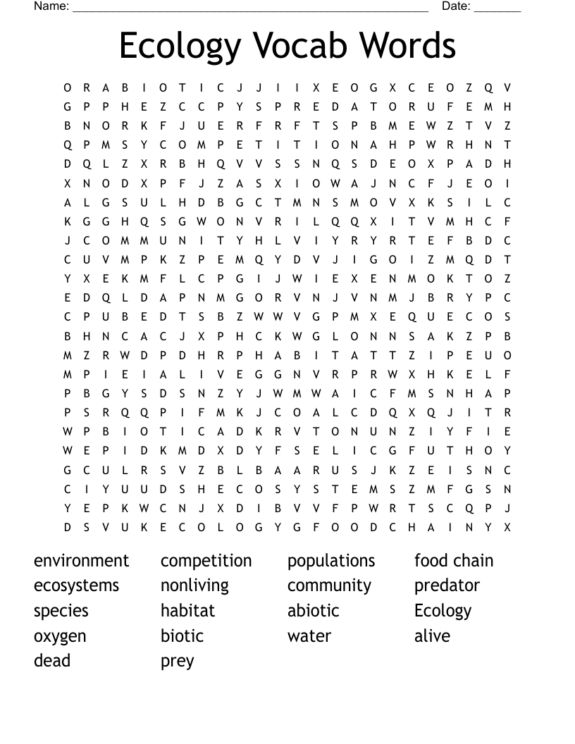 Ecology Vocab Words Word Search