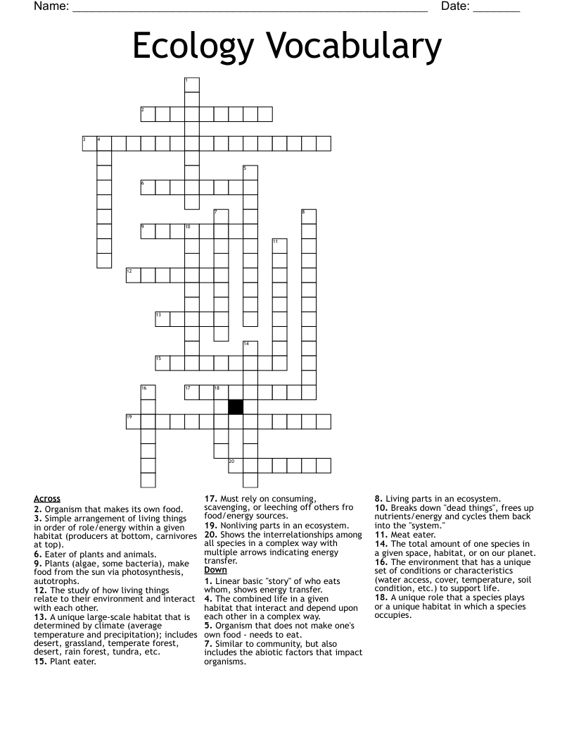 Ecology Vocabulary Crossword