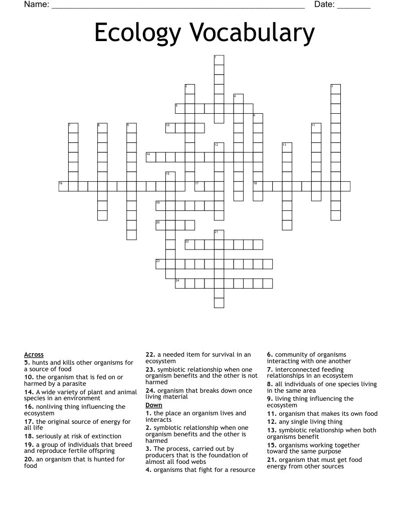 Ecology Vocabulary Crossword
