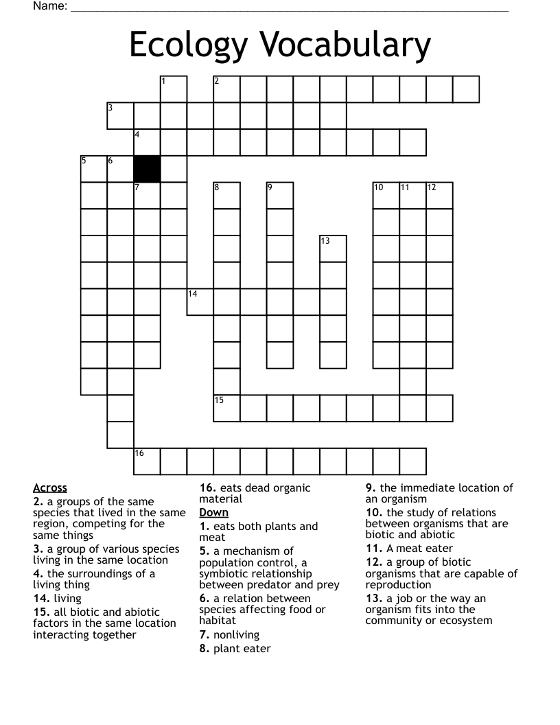 Ecology Vocabulary Crossword