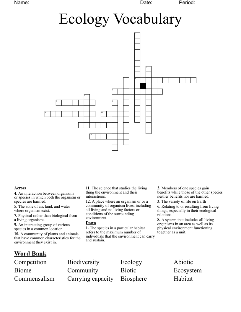 Ecology Vocabulary Crossword