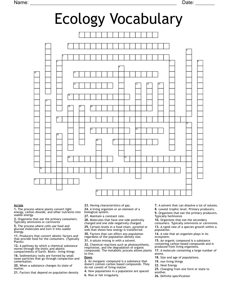 Ecology Vocabulary Crossword