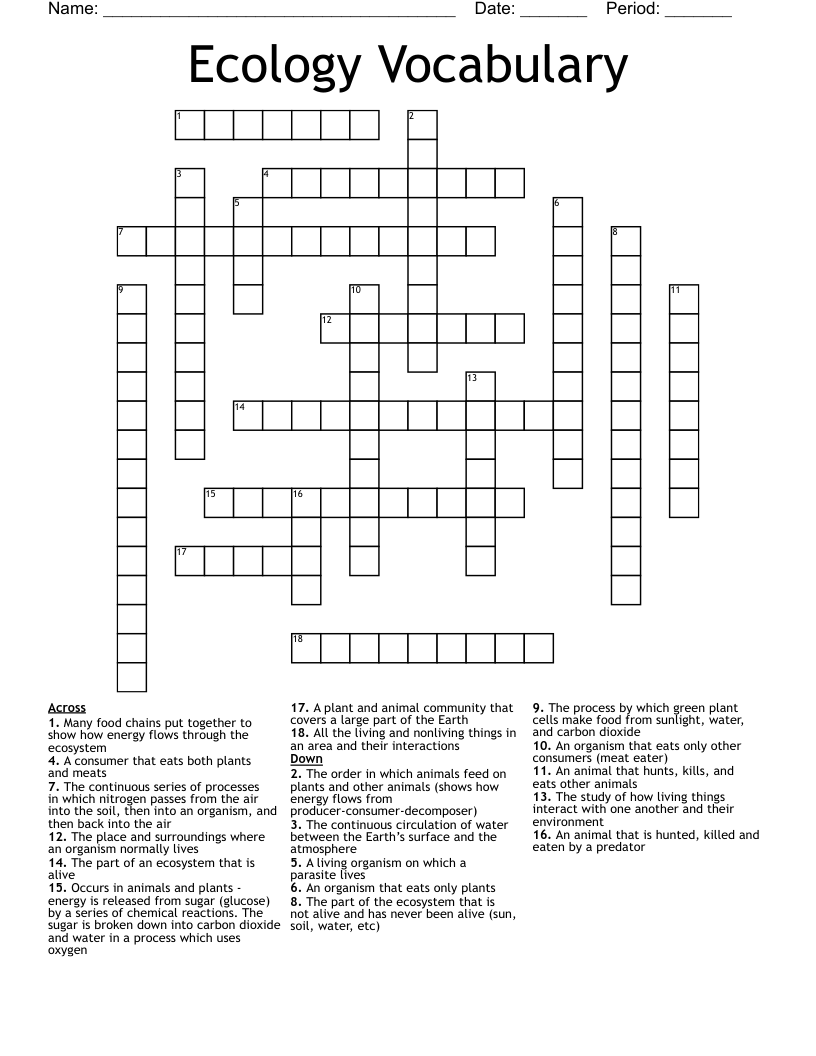 Ecology Vocabulary Crossword