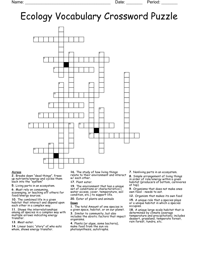 Ecology Vocabulary Crossword Puzzle