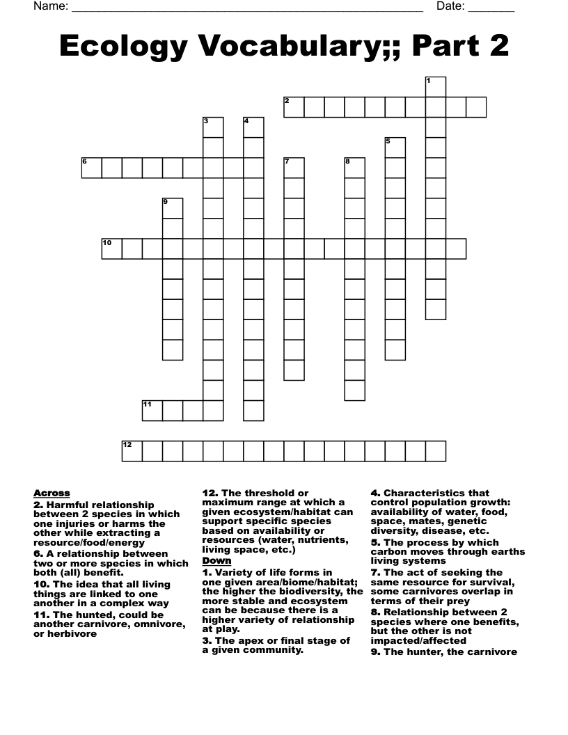 Ecology Vocabulary;; Part 2 Crossword