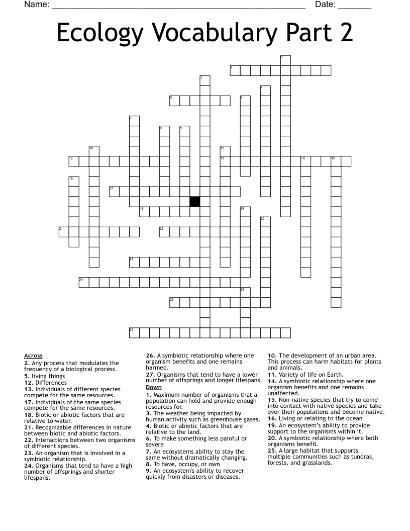 Ecology Vocabulary Part 2 Crossword