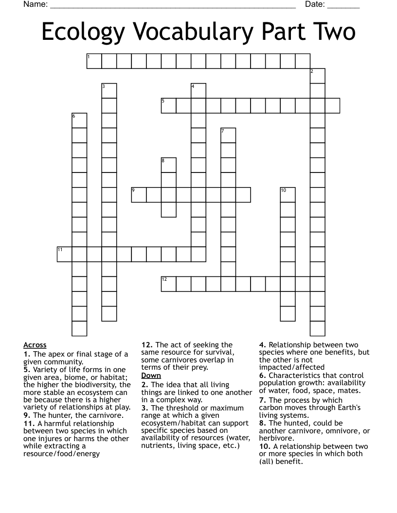 Ecology Vocabulary Part Two Crossword