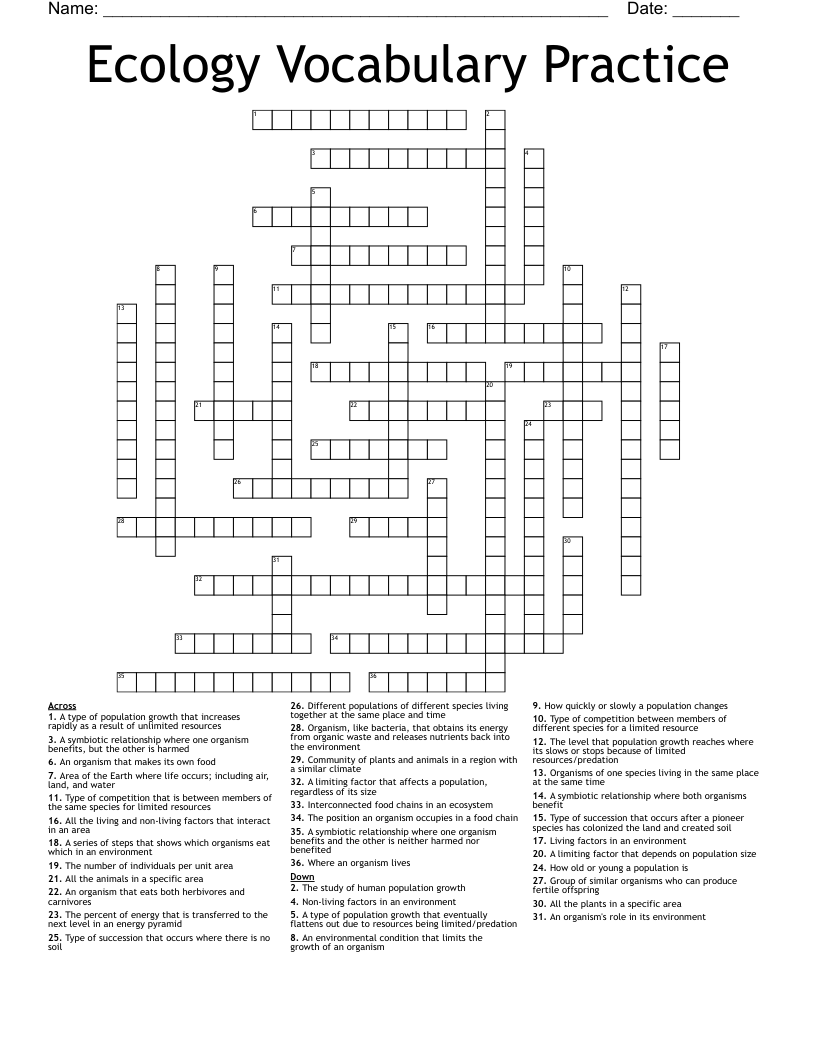 Ecology Vocabulary Practice Crossword