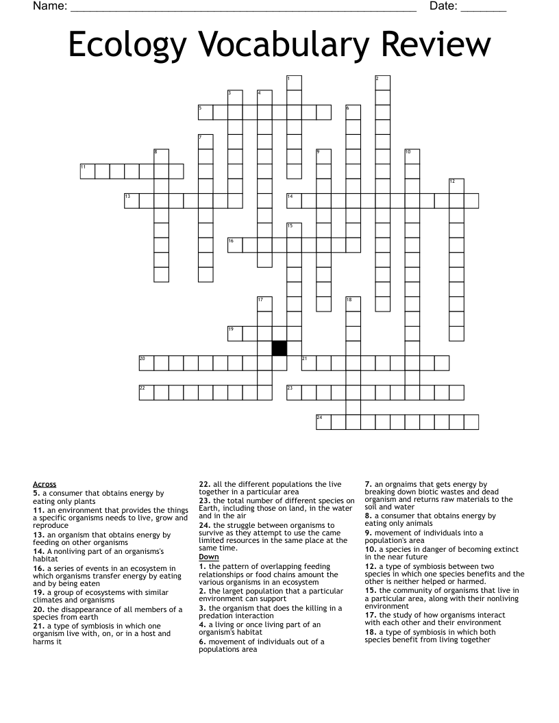 Ecology Vocabulary Review Crossword