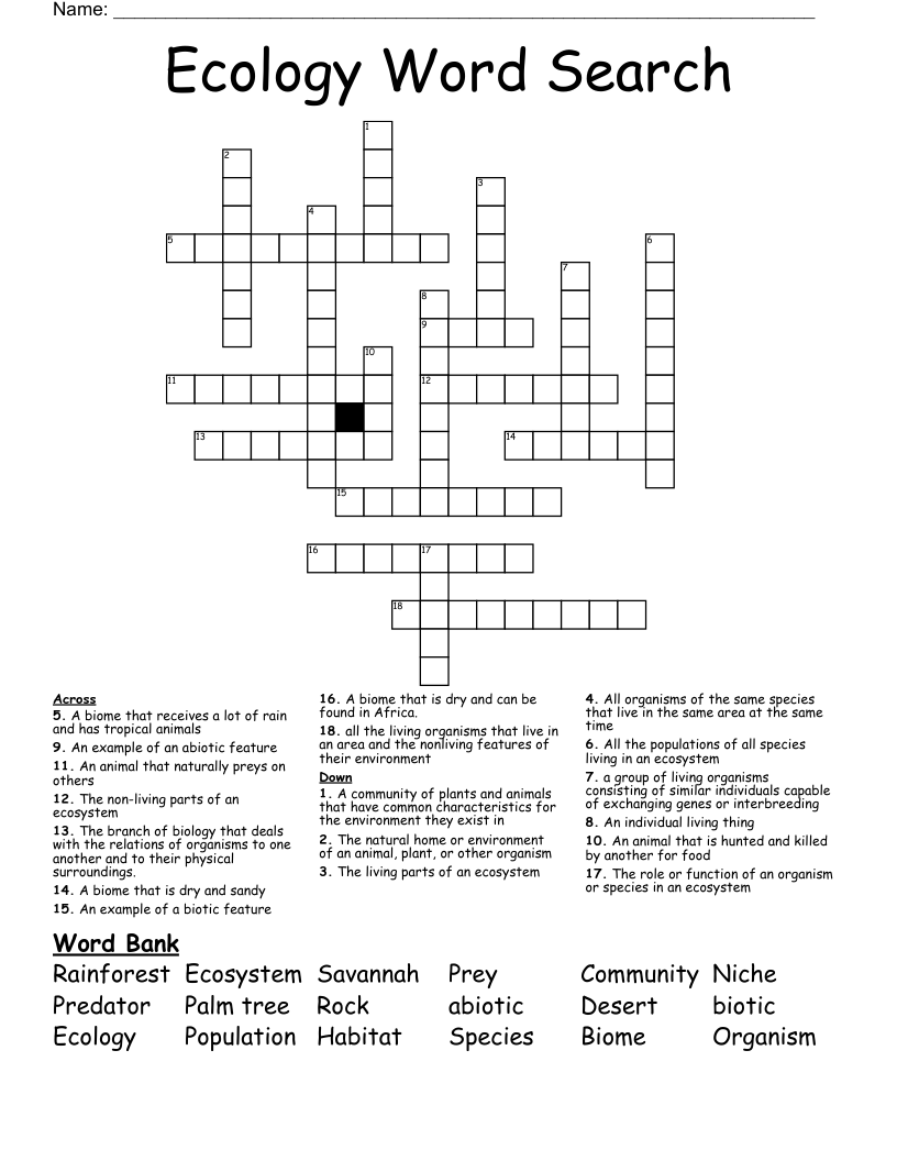 Ecology Word Search  Crossword