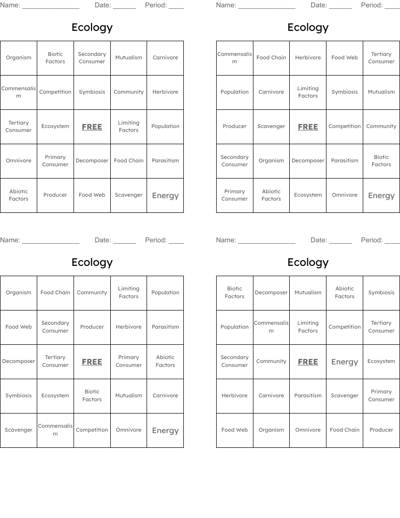 Ecology  Bingo Cards
