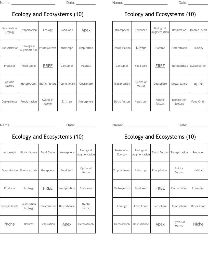 Ecology and Ecosystems (10) Bingo Cards