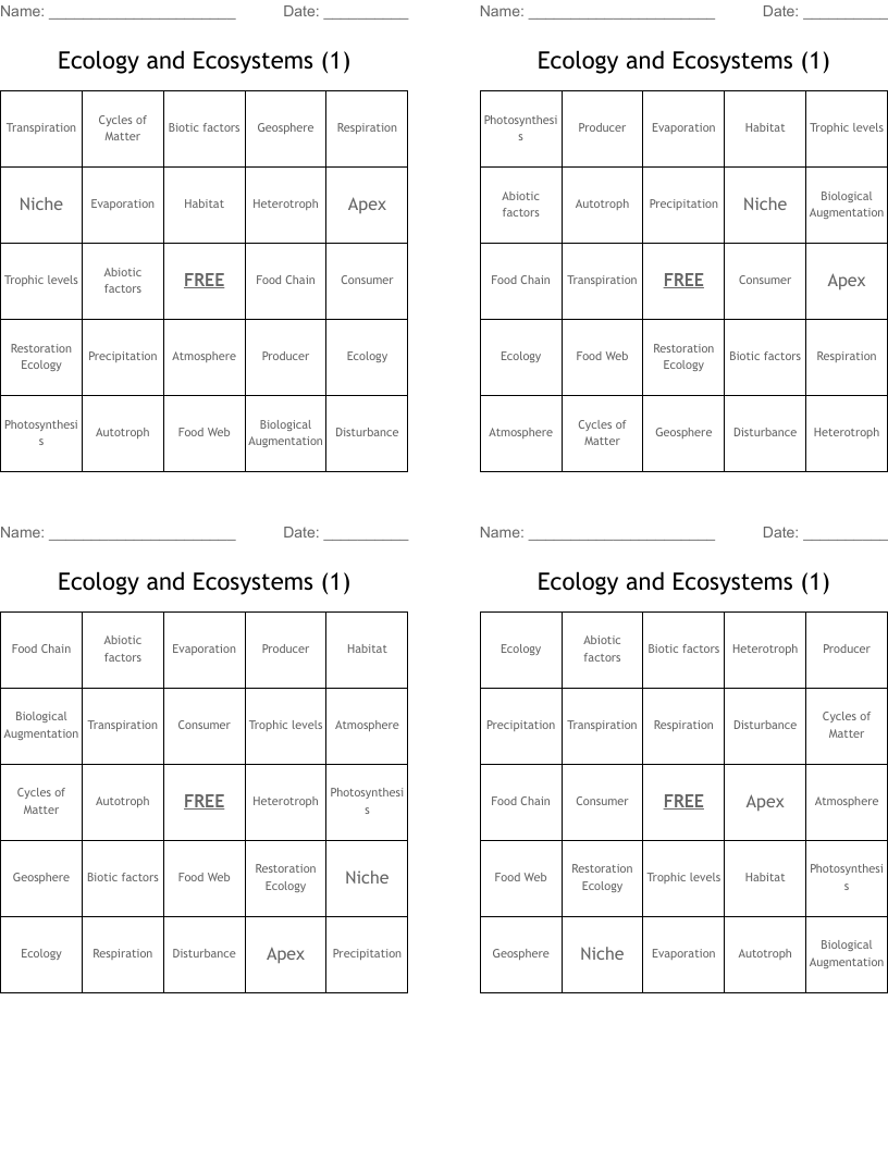 Ecology and Ecosystems (1) Bingo Cards