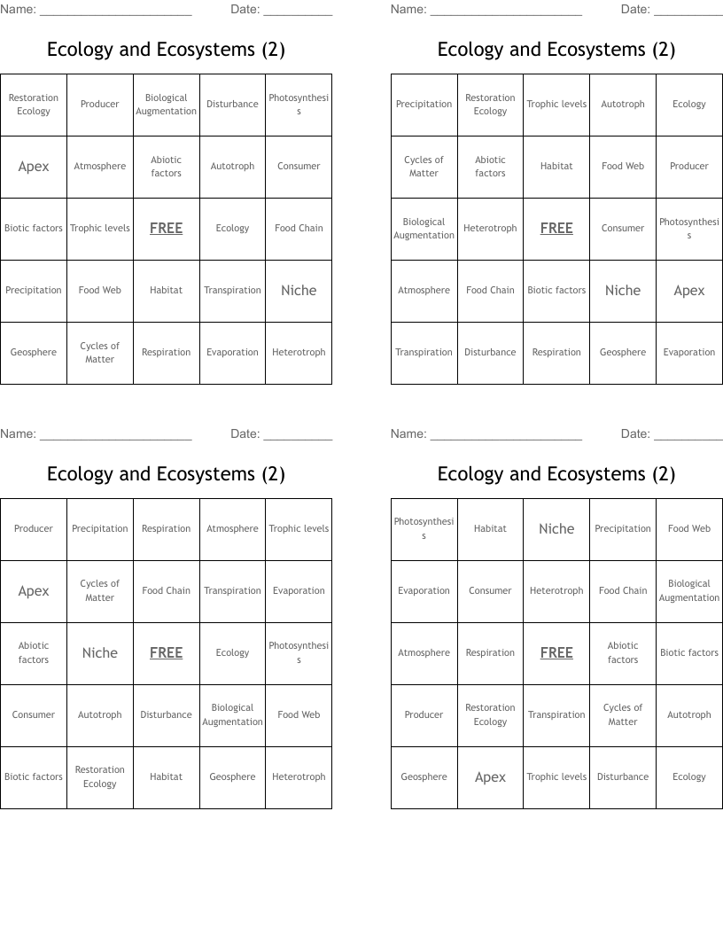 Ecology and Ecosystems (2) Bingo Cards