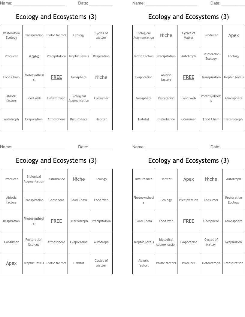 Ecology and Ecosystems (3) Bingo Cards