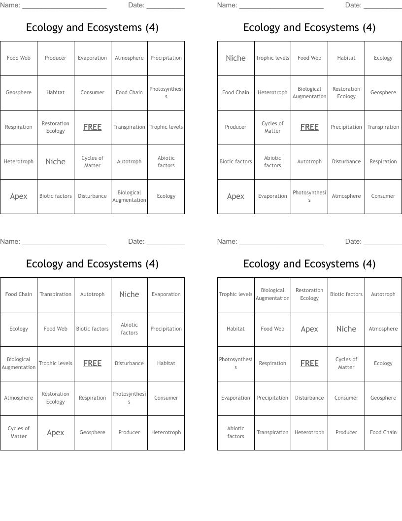 Ecology and Ecosystems (4) Bingo Cards