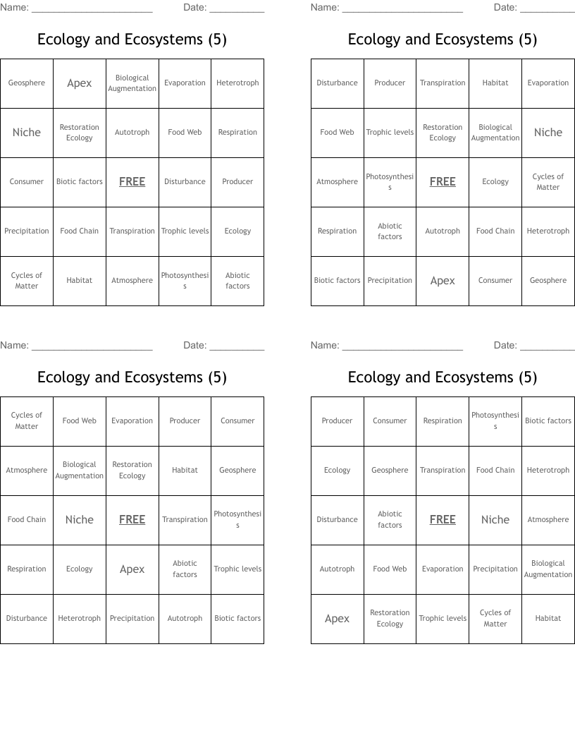 Ecology and Ecosystems (5) Bingo Cards