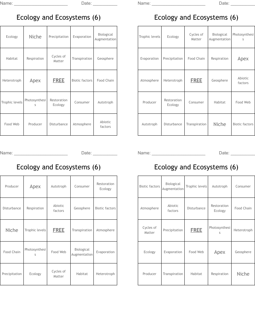 Ecology and Ecosystems (6) Bingo Cards