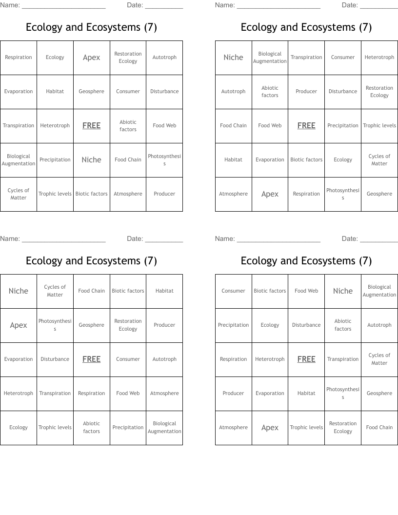 Ecology and Ecosystems (7) Bingo Cards